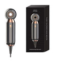 Compact leafless portable hair dryer with diffuser accessory, 20cm size, and ionic technology.