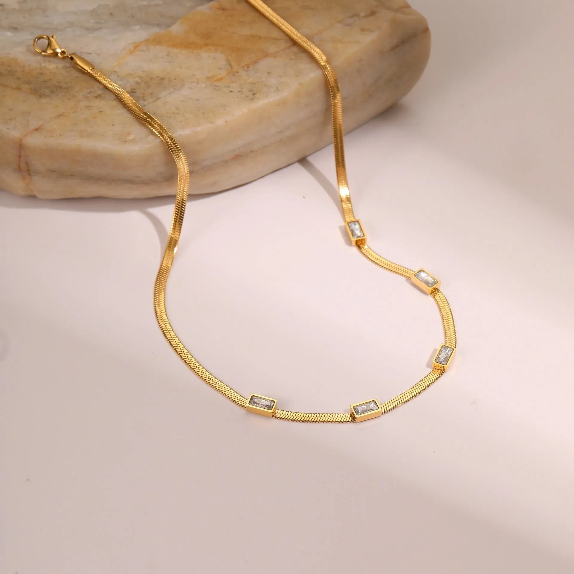 Retro geometric square zircon stainless steel necklace with flat snake chain in gold or steel colours