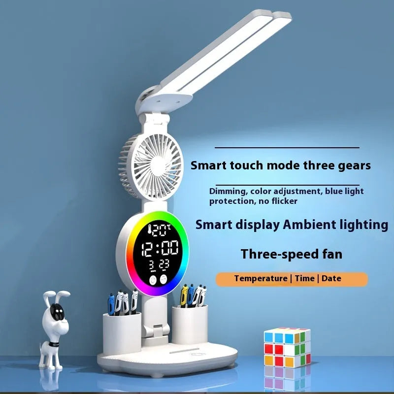 LED student desk lamp with clock and fan double-headed rechargeable USB powered