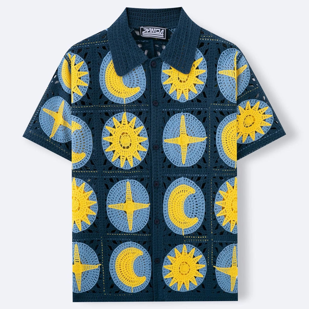 Navy blue men's short-sleeve cardigan sweater with cartoon flocking pattern