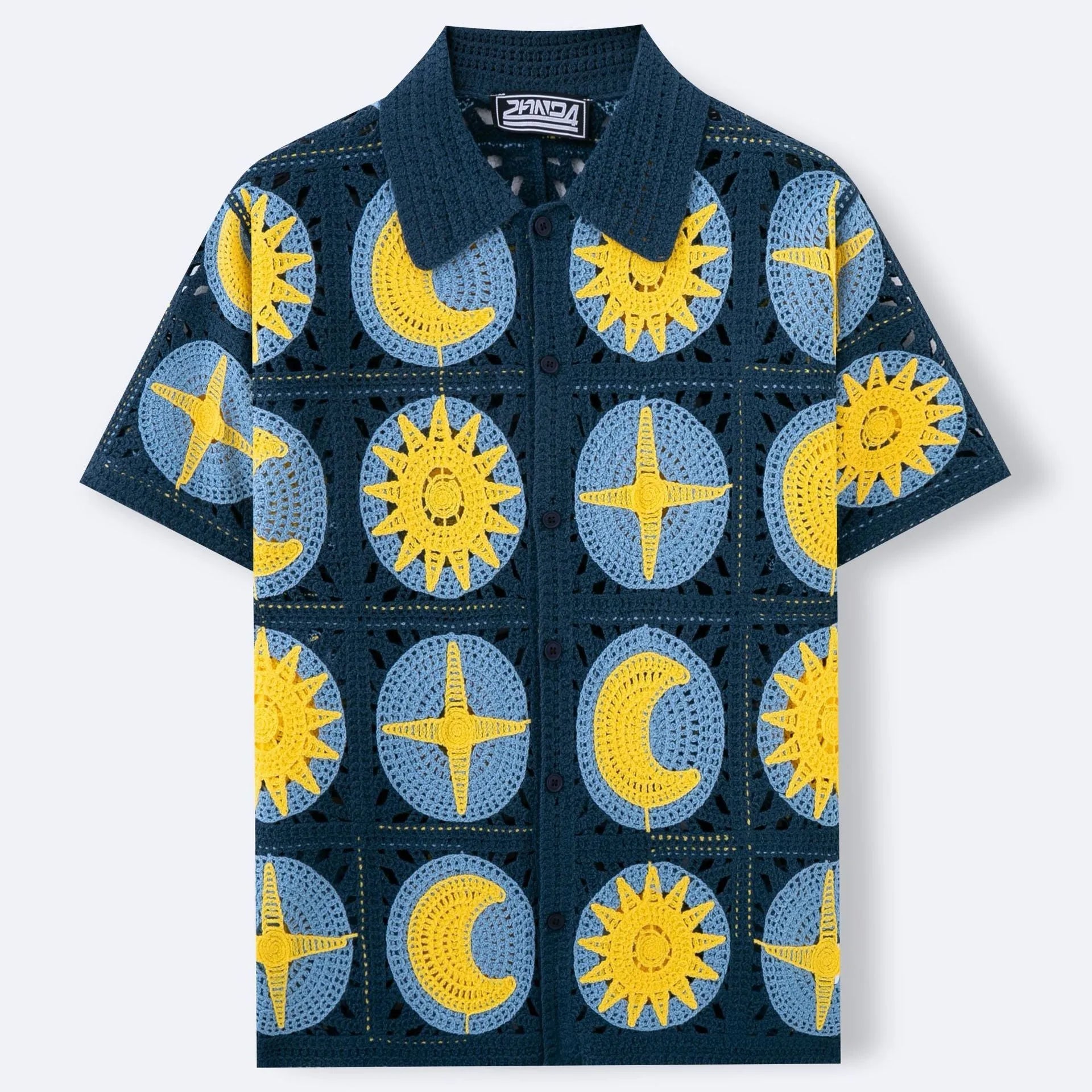 Navy blue men's short-sleeve cardigan sweater with cartoon flocking pattern