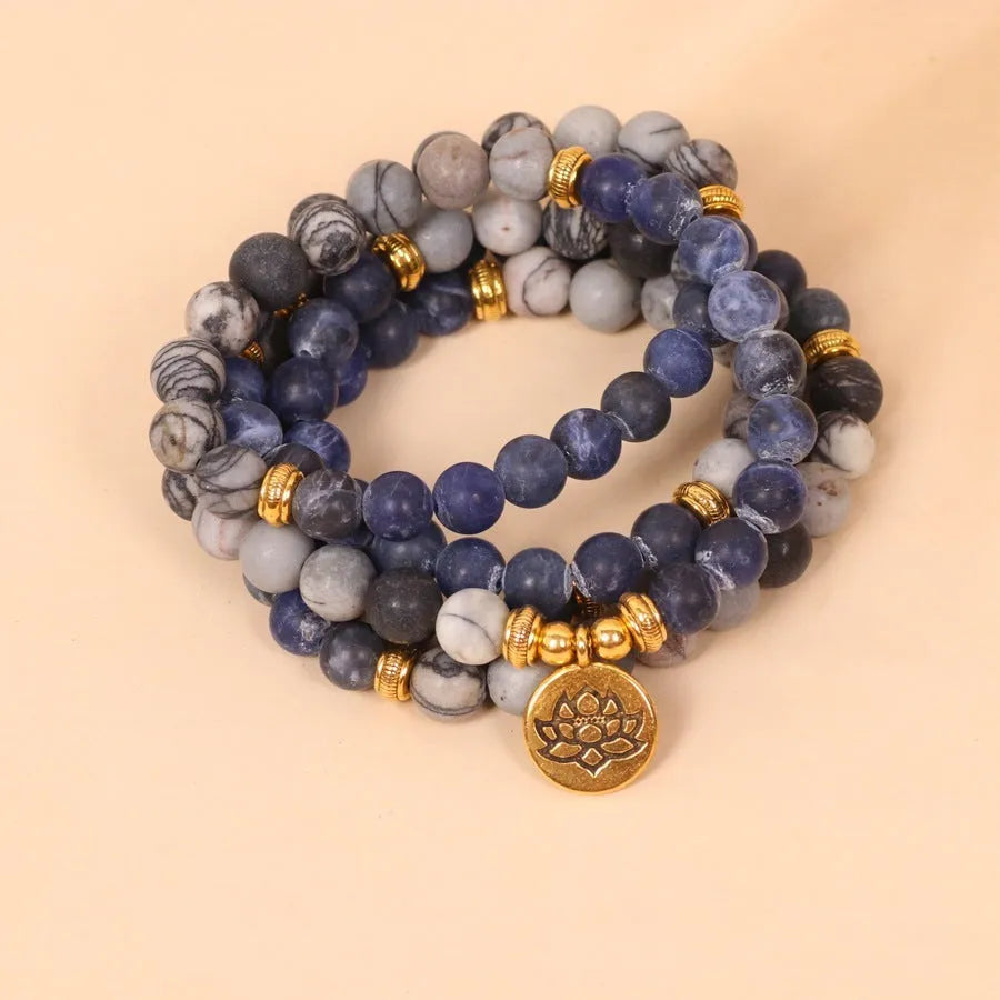 Blue patterned network stone bead multi-layer alloy bracelet natural style