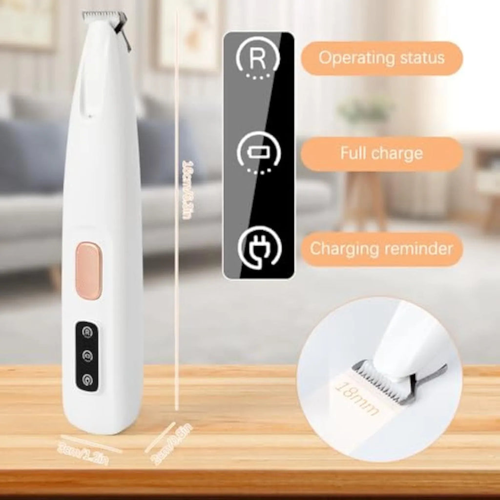 White rechargeable electric dog paw trimmer with LED light and four comb attachments on a table