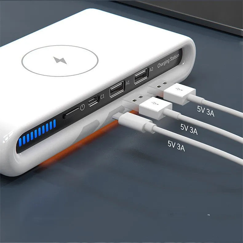 White desktop wireless charger with integrated RGB atmosphere lamp showing 15W fast charging capability