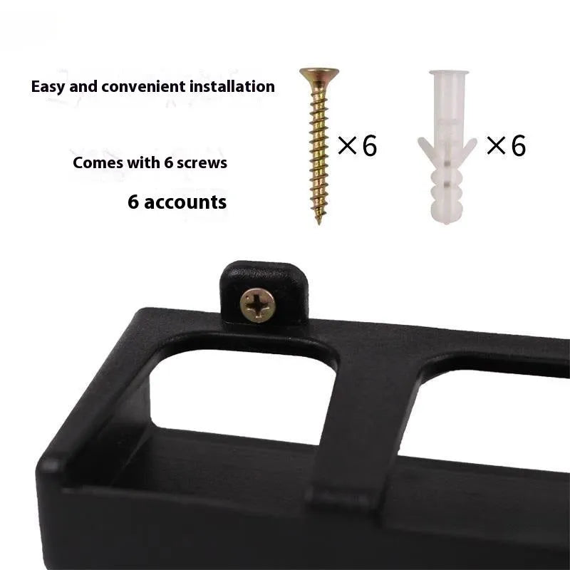 Black ABS plastic wall-mounted fishing rod holder with upright and horizontal storage options