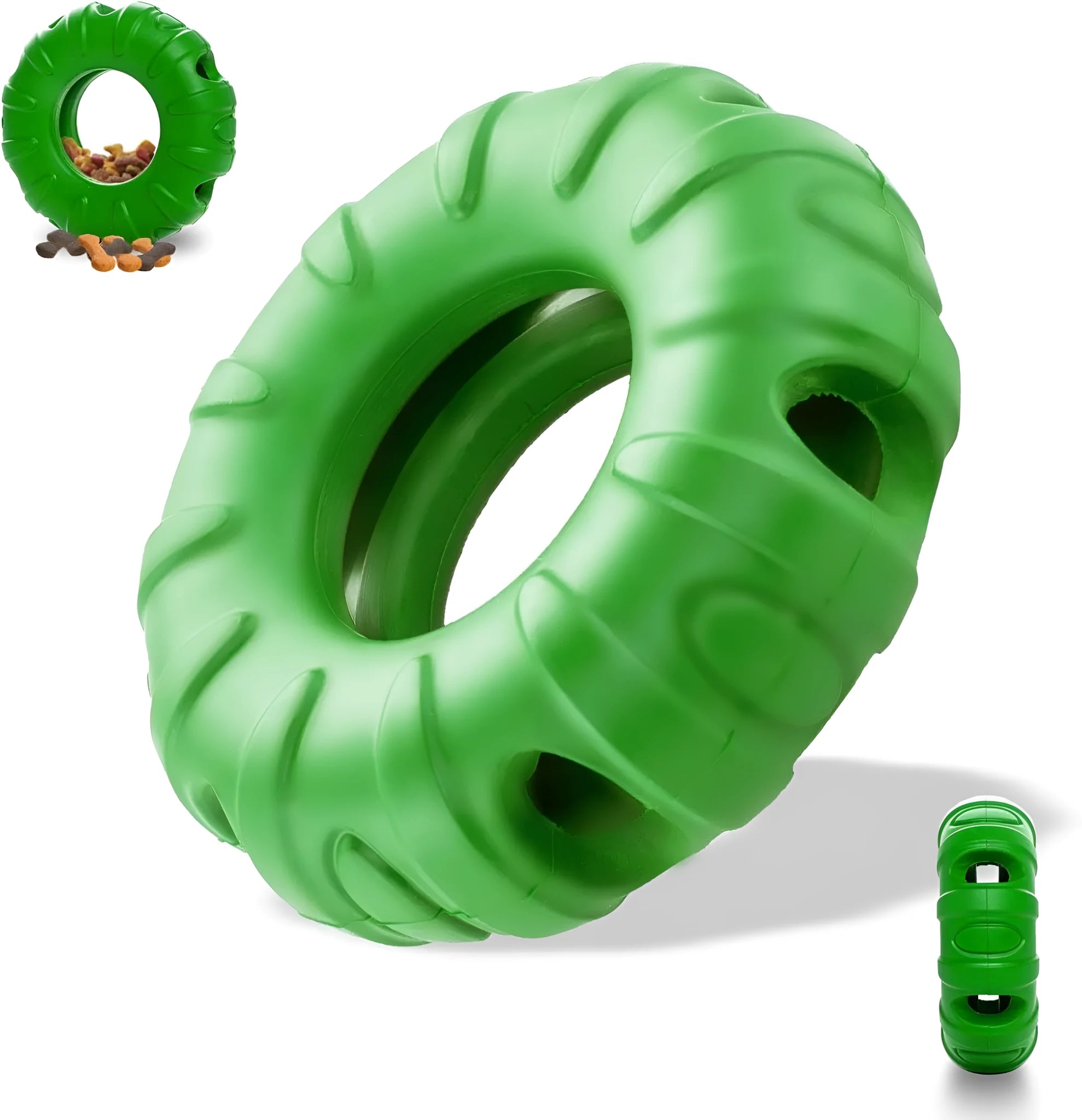 Blue tyre-shaped dog chew toy with oval openings for treat dispensing