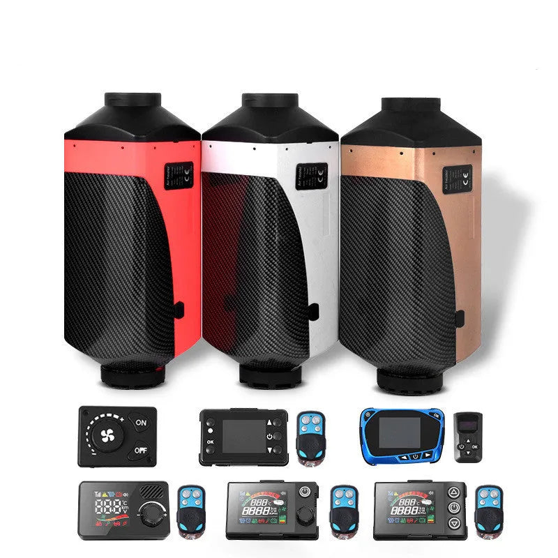 Diesel air heater kit with red and black unit, fuel tank, pipes, and wiring for truck or camper van installation.