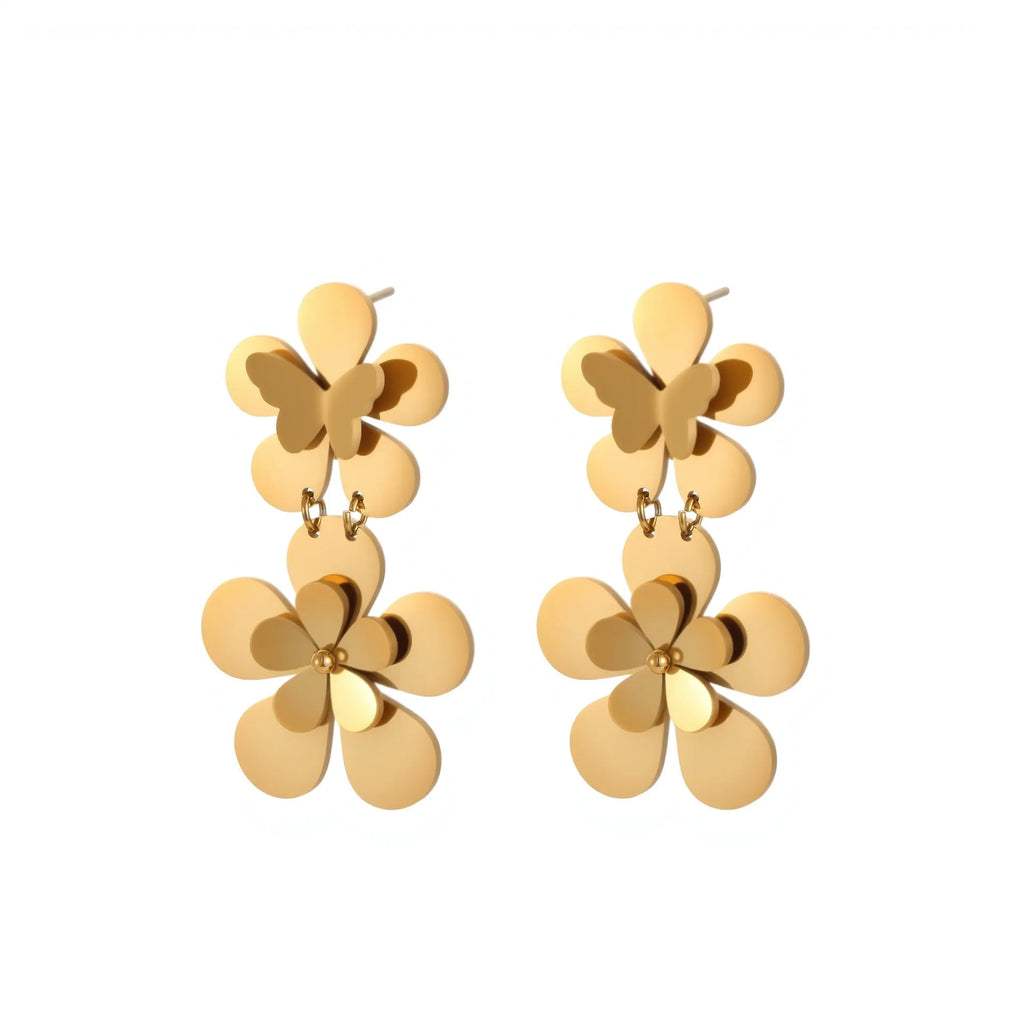Gold electroplated stainless steel earrings with floral butterfly design for women