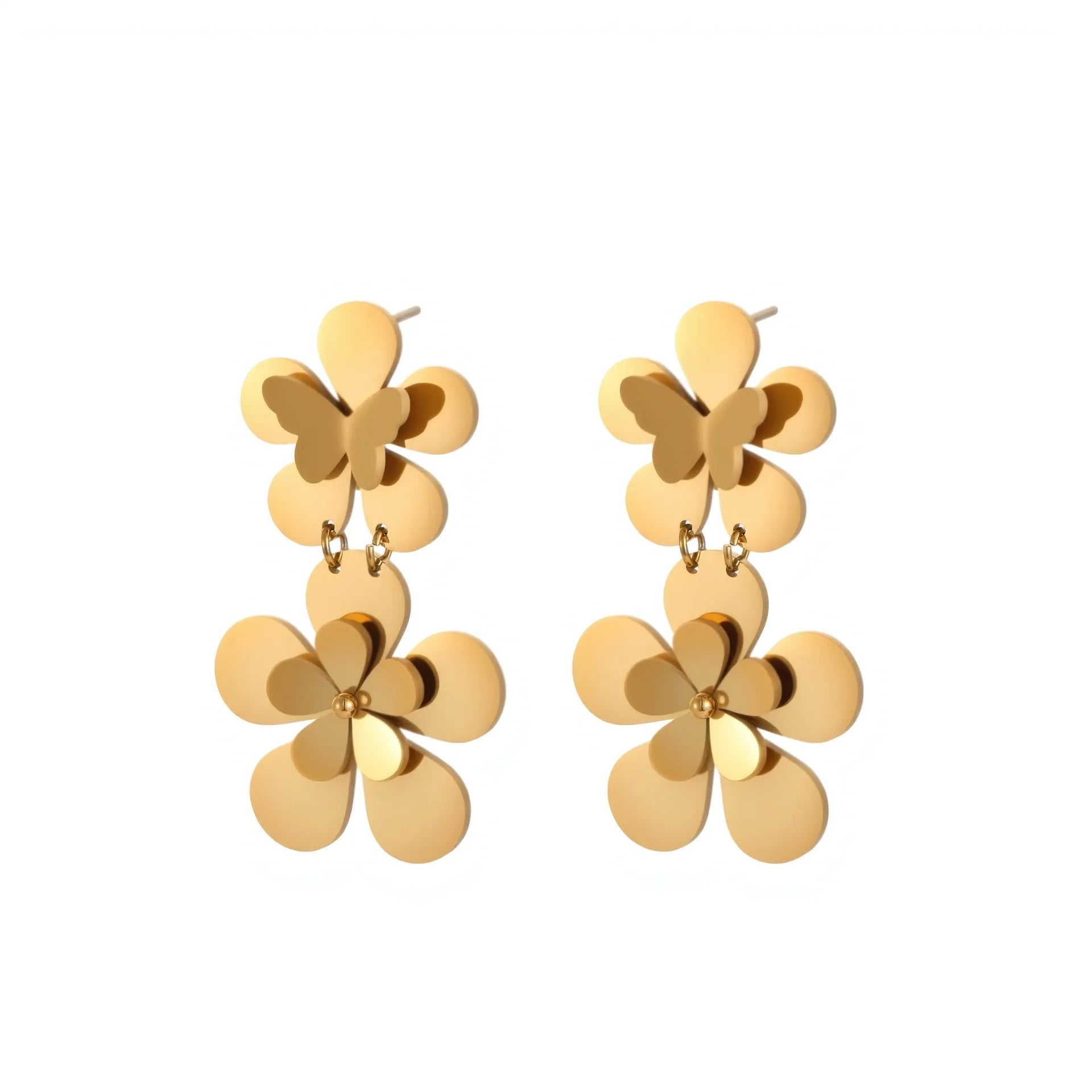 Gold electroplated stainless steel earrings with floral butterfly design for women