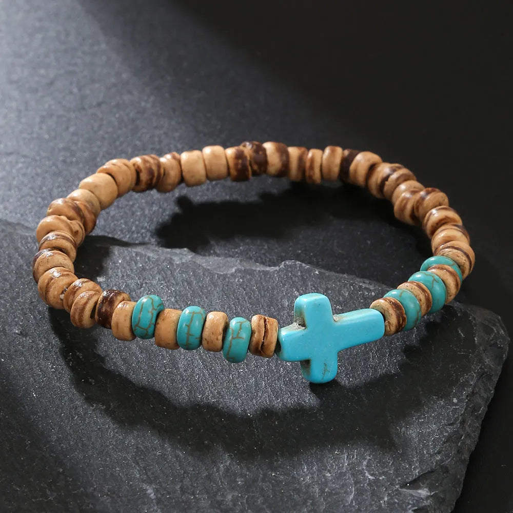 Hand-woven unisex wood bracelet with turquoise accents and totem pattern