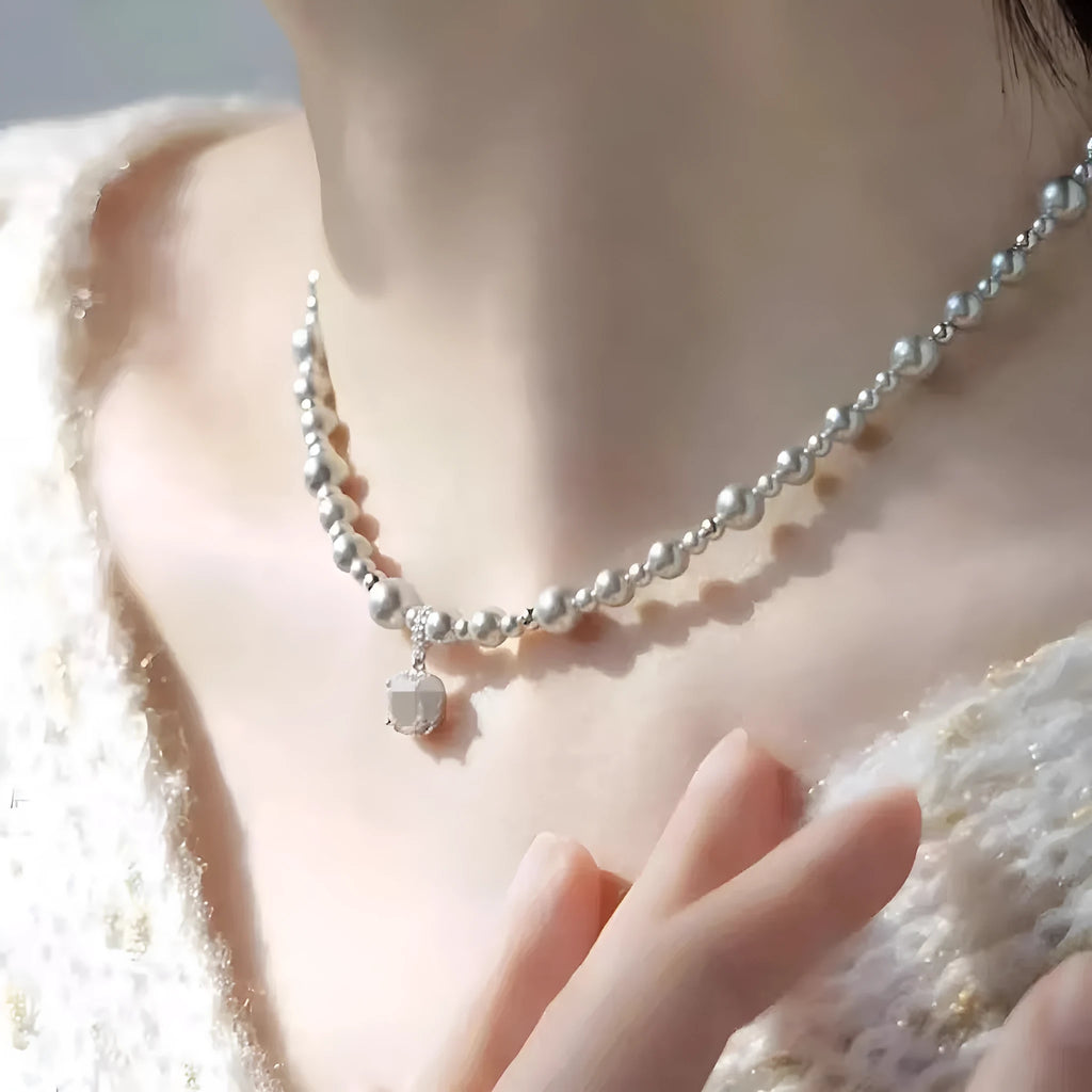Bubble Cube Candy all-match clavicle chain bracelet earrings set with imitation pearl and zircon in white