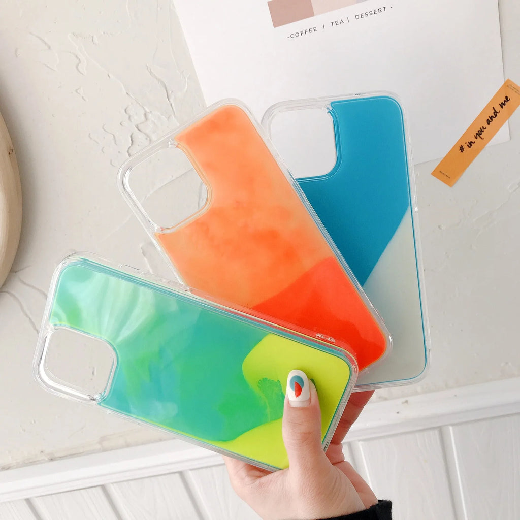 Luminous quicksand glitter phone case for iPhone, TPU rear cover, available in multiple colours.