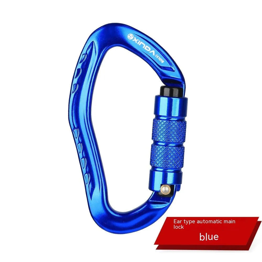 Automatic master lock climbing carabiner in black, blue, orange, red, and silver colour options