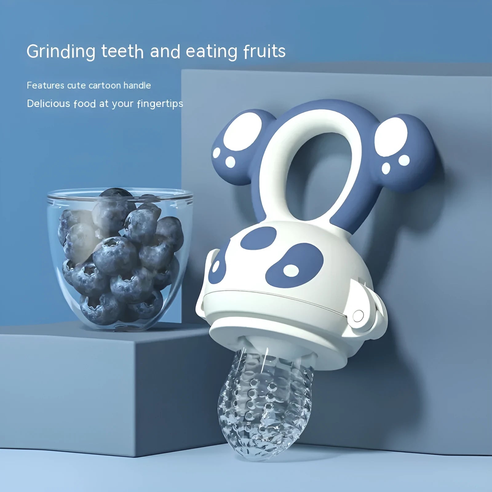 Happy Bite baby teether fruit feeder in transparent edible silicon with hand guard