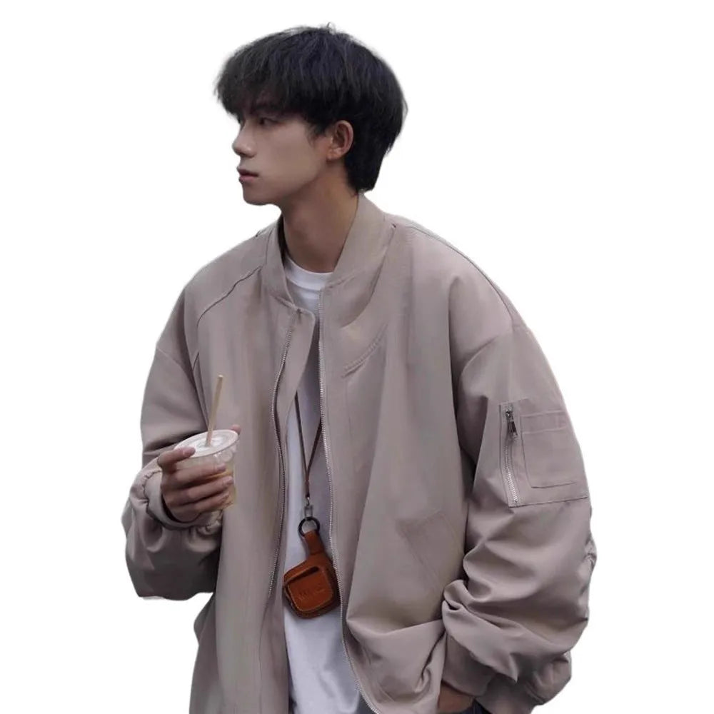 Men's loose pilot jacket in gray, cotton blend polyester, long sleeve, Korean style, spring autumn coat