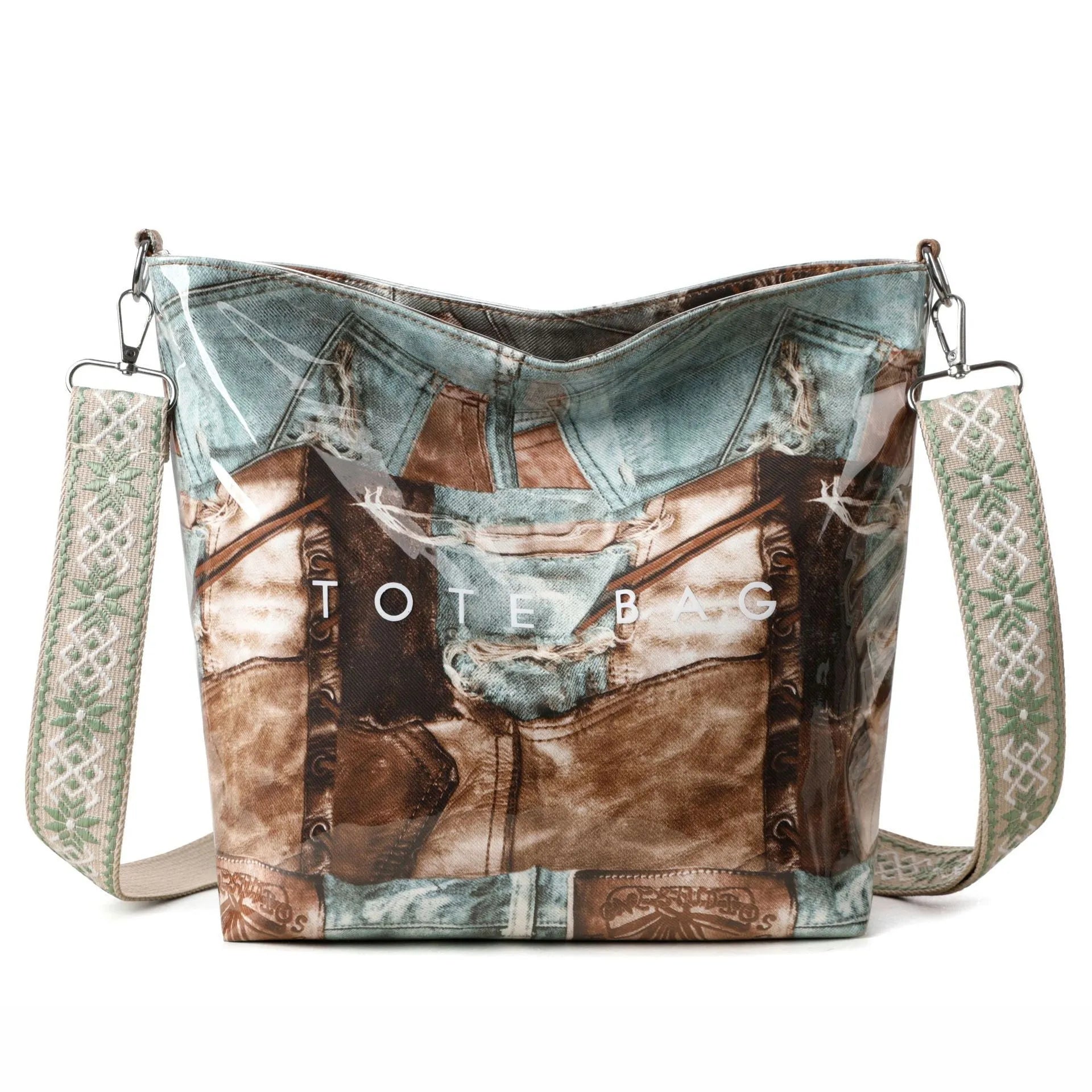 Large capacity retro patchwork PVC tote bag in pink with sandwich pocket and single shoulder strap