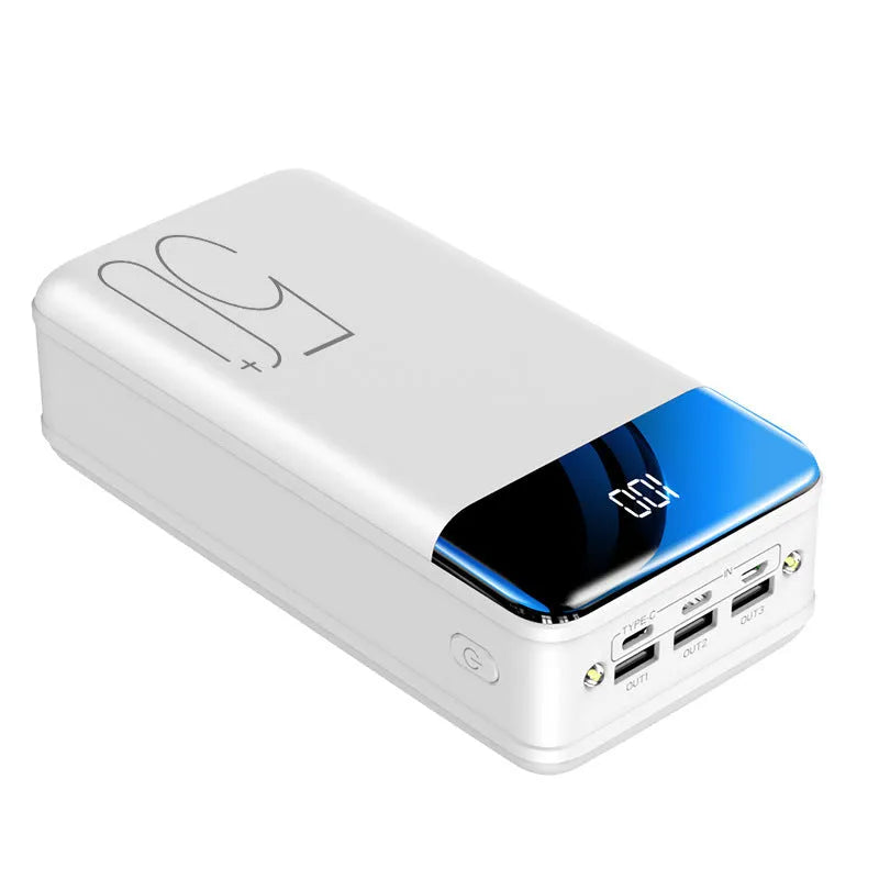 Large 50000mAh power bank in black or white with three charging ports and polymer lithium-ion cells