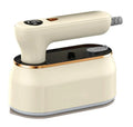 Milky white foldable portable steam iron with ceramic soleplate and international plug adaptors.