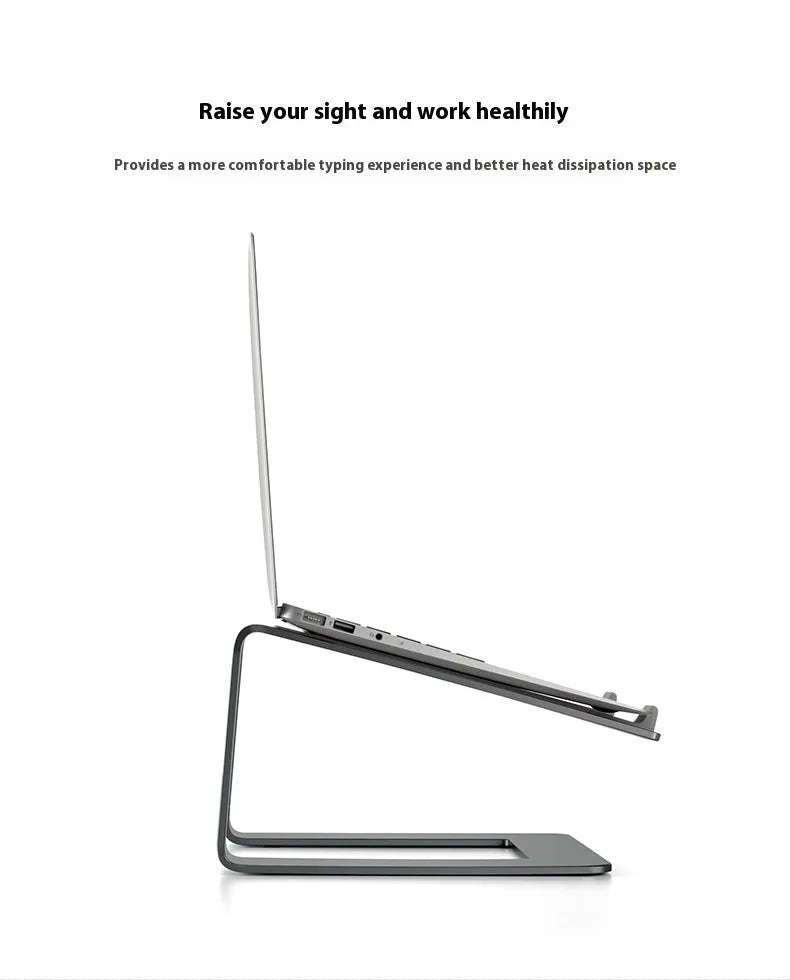 Adjustable aluminium laptop stand in black colour on desk surface