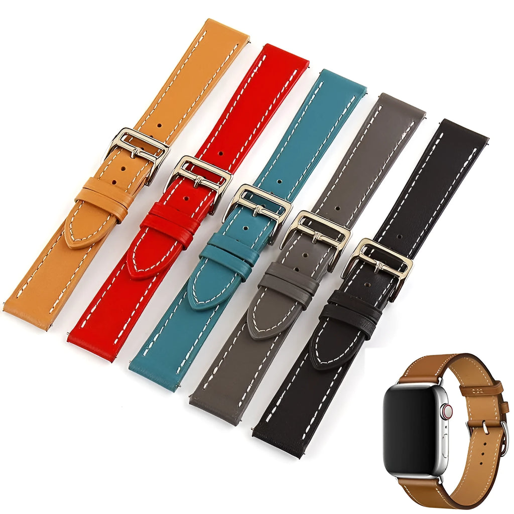 Genuine leather single ring watch strap in black, 20mm wide, first layer cowhide.