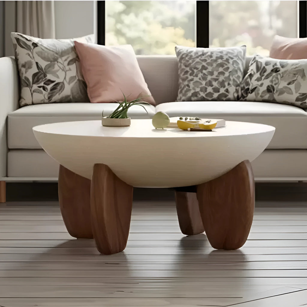 White solid wood coffee table with adjustable legs and storage compartment.