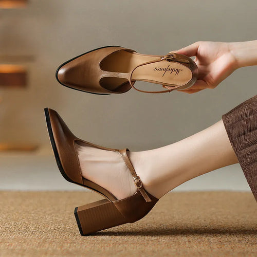 Baotou hollow women's retro pointed mary jane shoes in first layer cowhide with buckle.