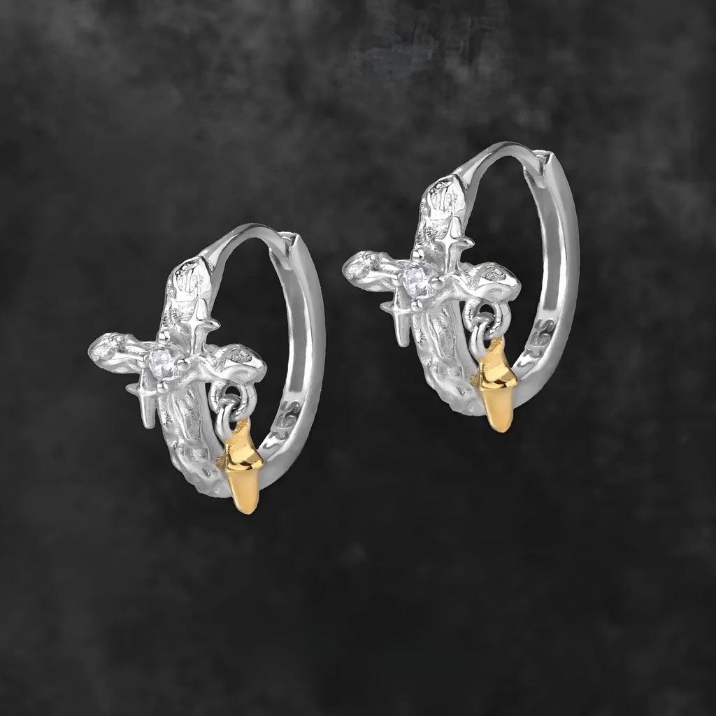 XINGX cross earrings in 925 silver with white gold electroplated finish and geometric round design