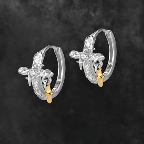 925 silver geometric cross earrings with white gold colour finish and rounded design elements