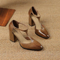 Baotou hollow women's retro pointed mary jane shoes in first layer cowhide with buckle.