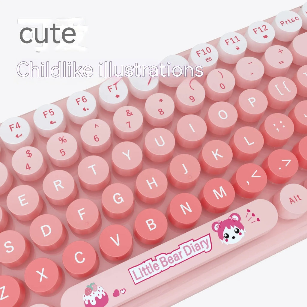 Pink mini wireless keyboard and mouse set with cute cartoon design on a desk.