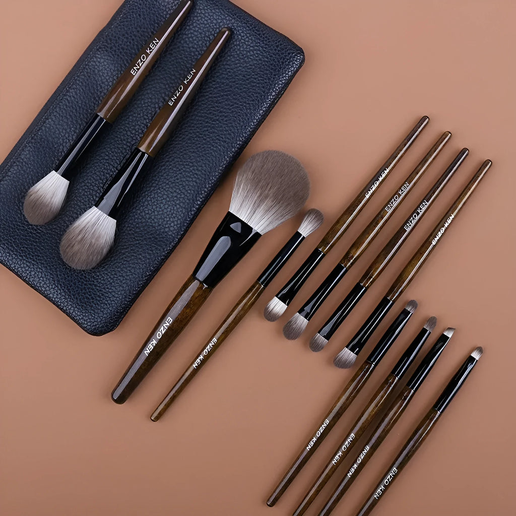 12-piece makeup brush set with wooden handles in portable storage bag