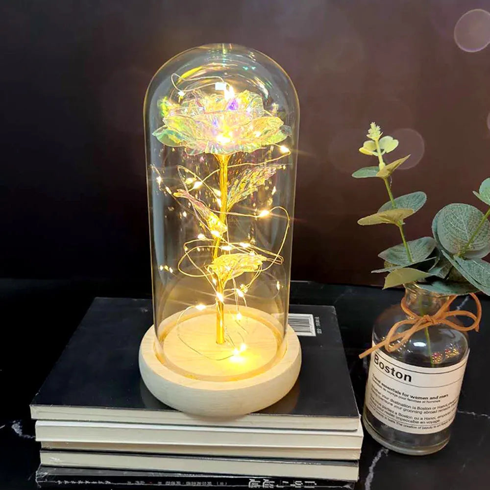 LED-lit silk rose bouquet under glass cover in various colours, 30cm centrepiece decoration
