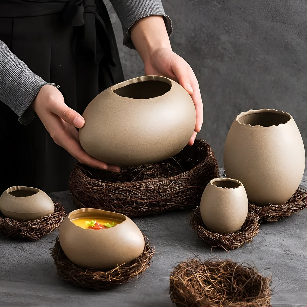 Creative egg shell shaped porcelain bowl in horizontal orientation with underglaze finish, modern simple style