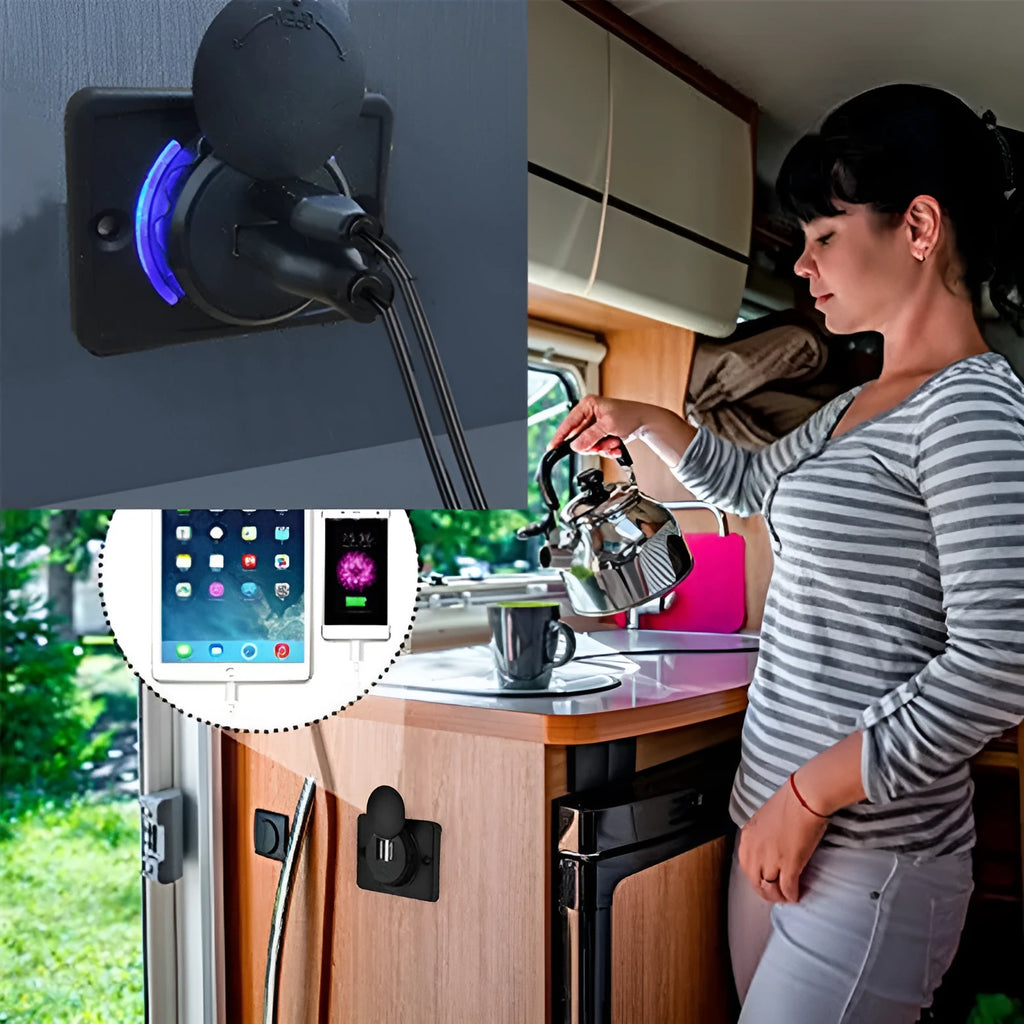Black dual USB car charger with two mounting screws for 12V or 24V vehicle installation