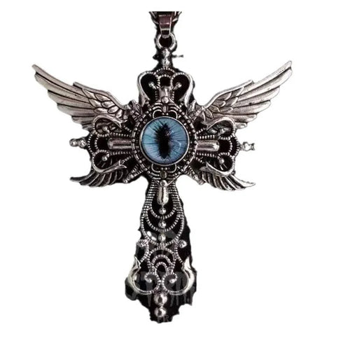 Creative devil wings and cross design alloy pendant necklace on a chain, shown in multiple colour options.