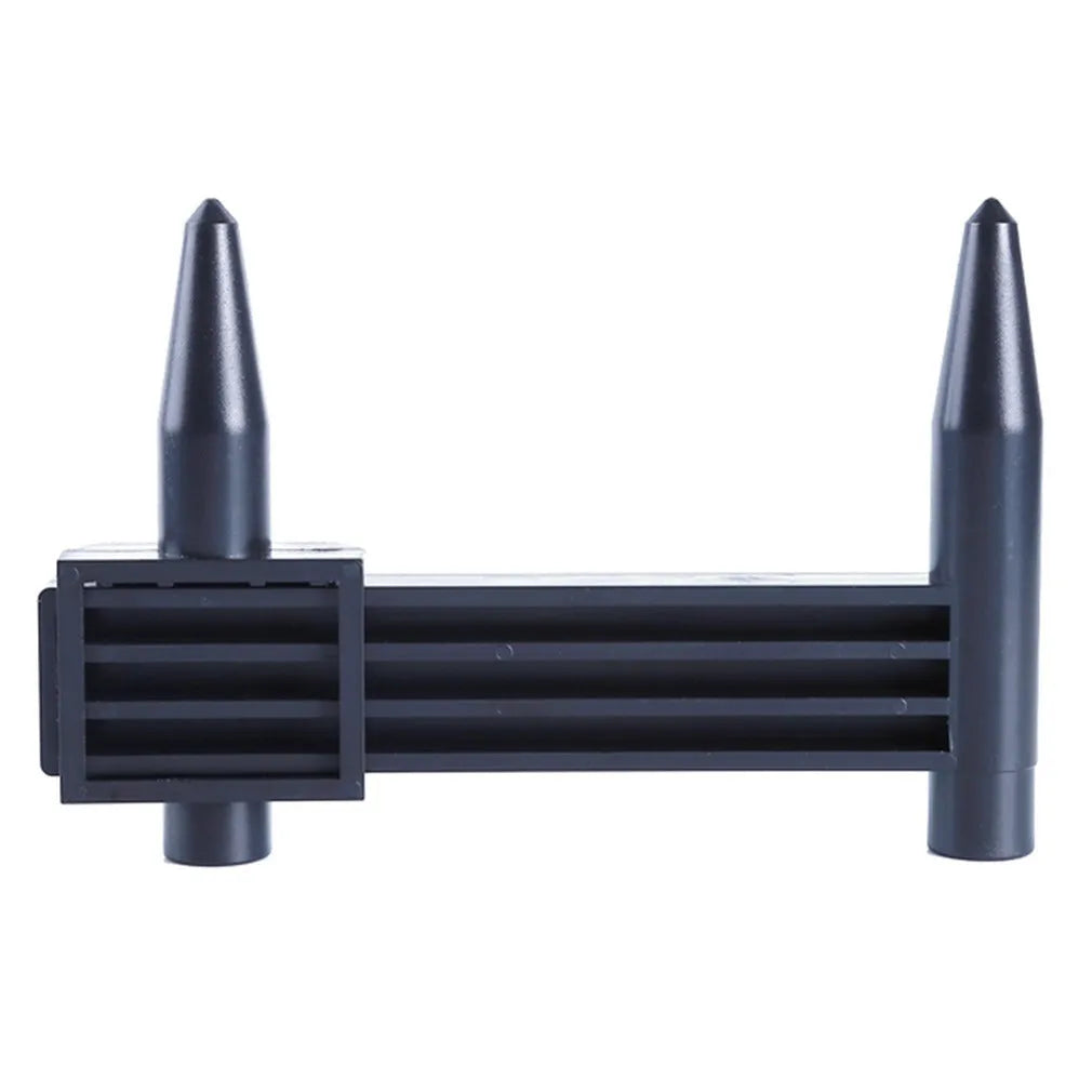 Digital electronic caliper hole distance measuring tool made from black plastic on a white background.