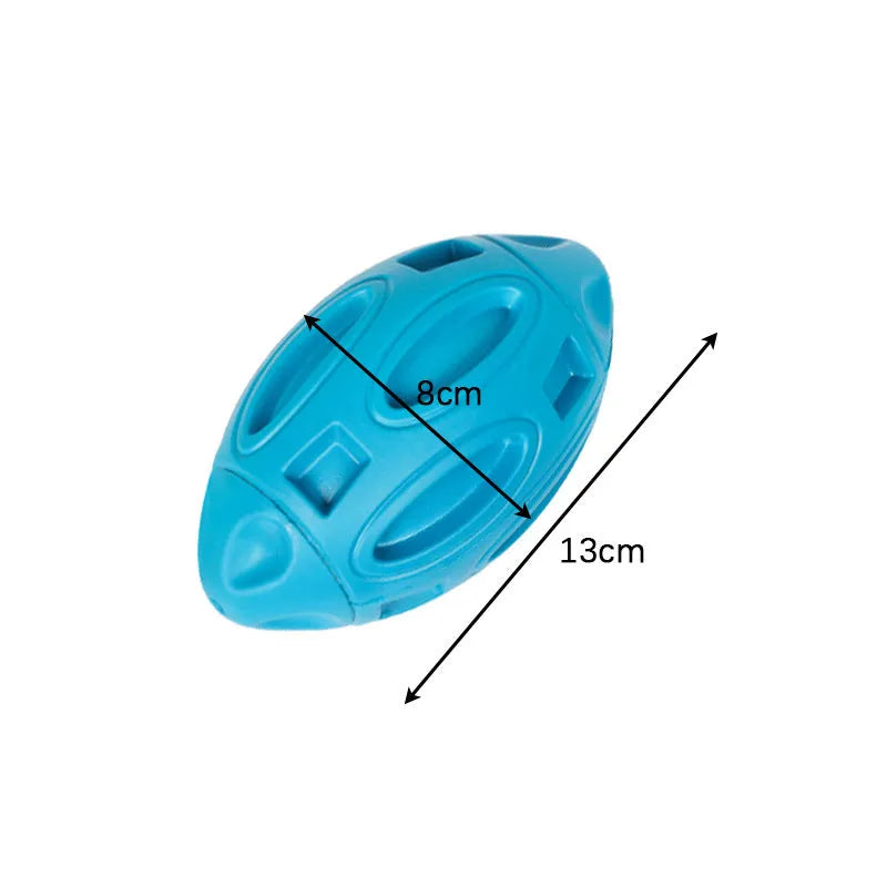 Blue natural rubber squeaky dog chew ball with grooved surface, for medium and large breeds.