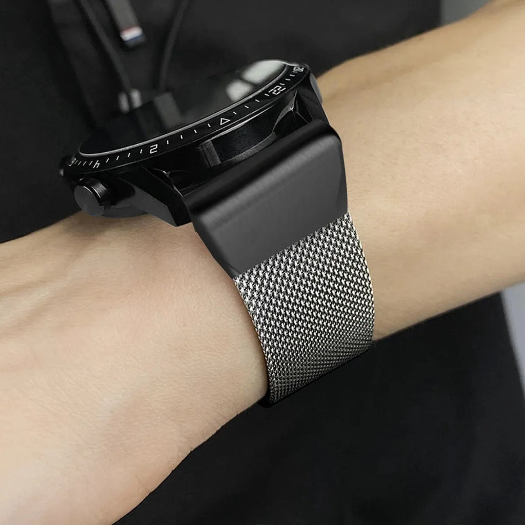Stainless steel card strap for Garmin Fenix watches in silver, black, gold, and rose gold colours showing width options