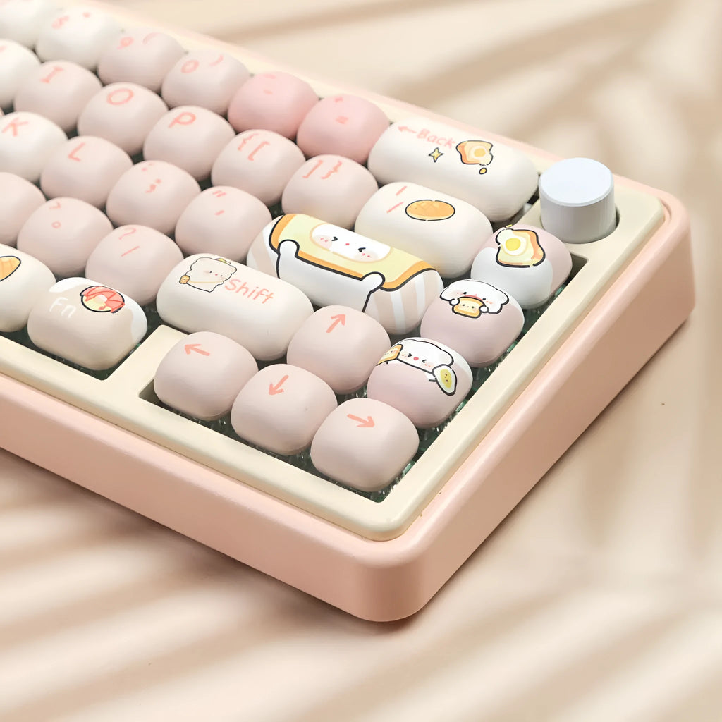 PBT mechanical keyboard key cap set with steamed bread bear design showing thermal sublimation printing