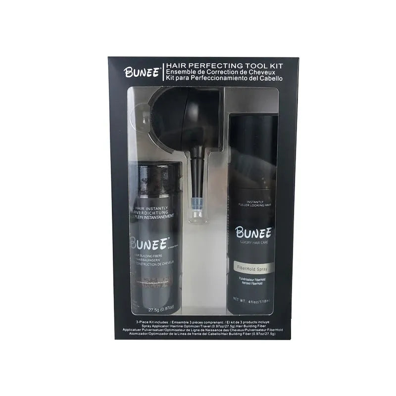 Dense hair fibre powder 275g canister with application nozzle and shaping spray bottle kit.