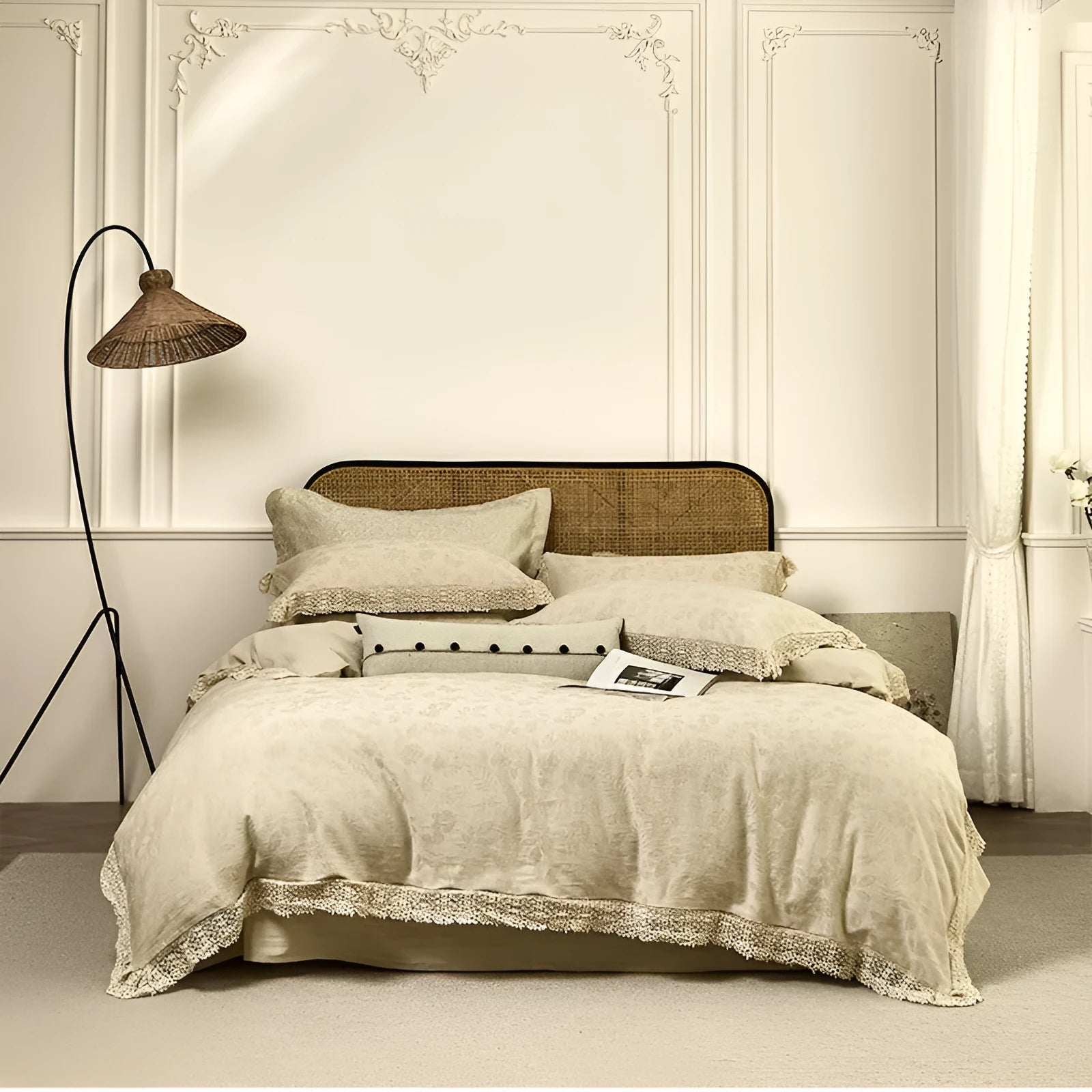 Cotton linen jacquard yarn-dyed four-piece bed sheet set in Optic Linen pattern, with quilt cover and pillowcases