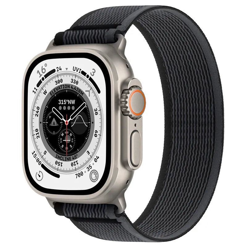 Nylon Apple Watch strap with single ring loop fastening shown in army green colour.