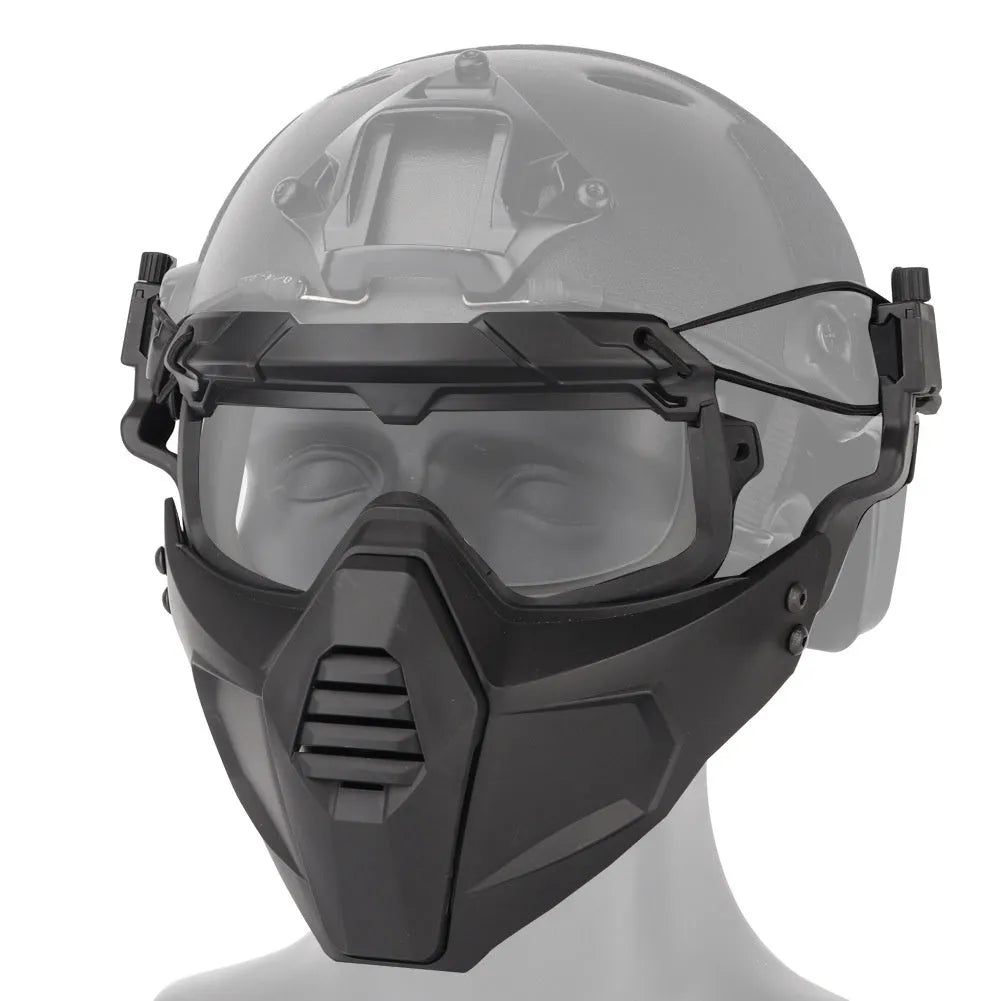 Multi-dimensional split tactical combination suit mask and goggles in black, TPE fabric, ABS PC lens