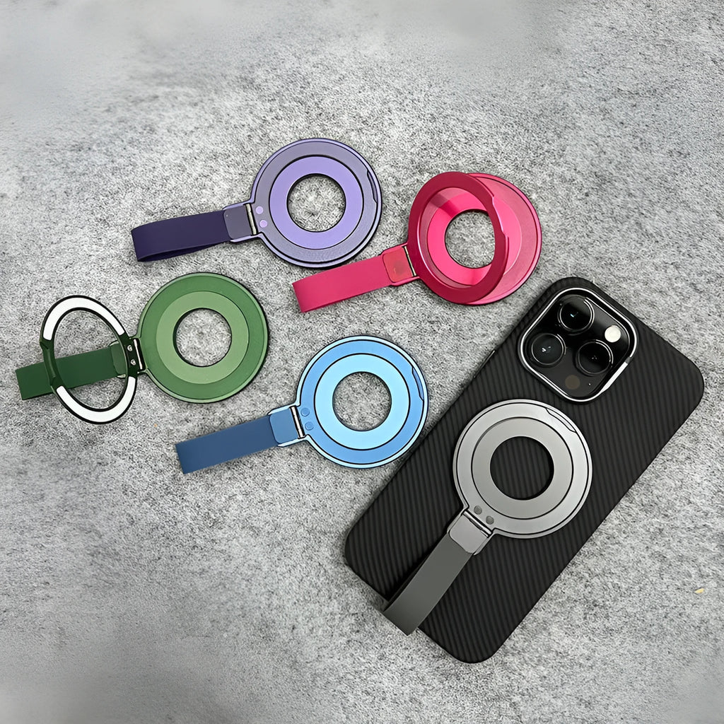 Portable magnetic wrist strap round silicone bracket phone holder in black on a wrist