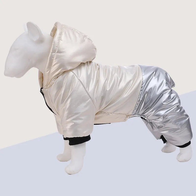 Green waterproof cotton dog coat on a dog, showing four-legged design.