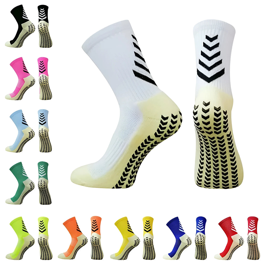 Men's mid-calf athletic socks with geometric patterns and non-slip silicone grips for football and running