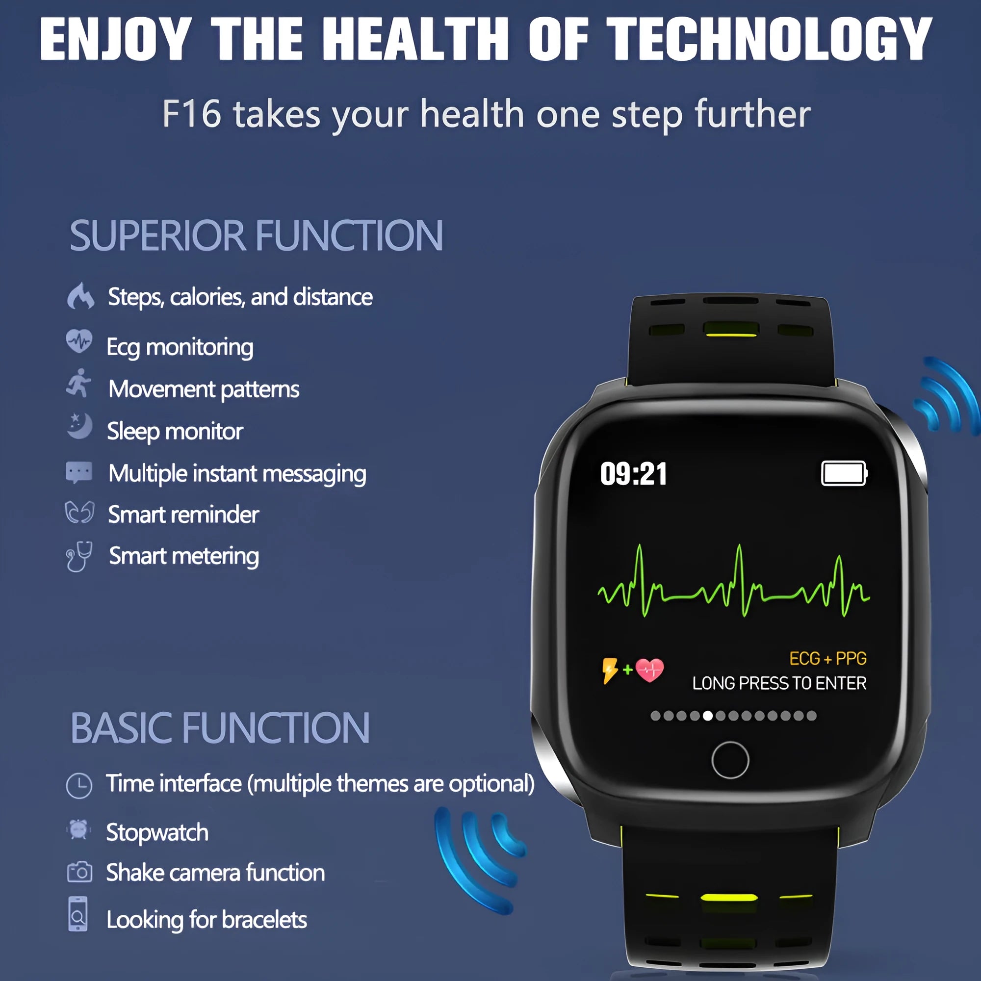 F16 smart watch with ECG monitor showing blood pressure and heart rate tracking on 43mm IPS display
