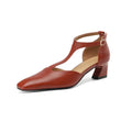 Wine red retro women's shoes with square toe, chunky heel, and buckle strap on sheepskin leather upper.
