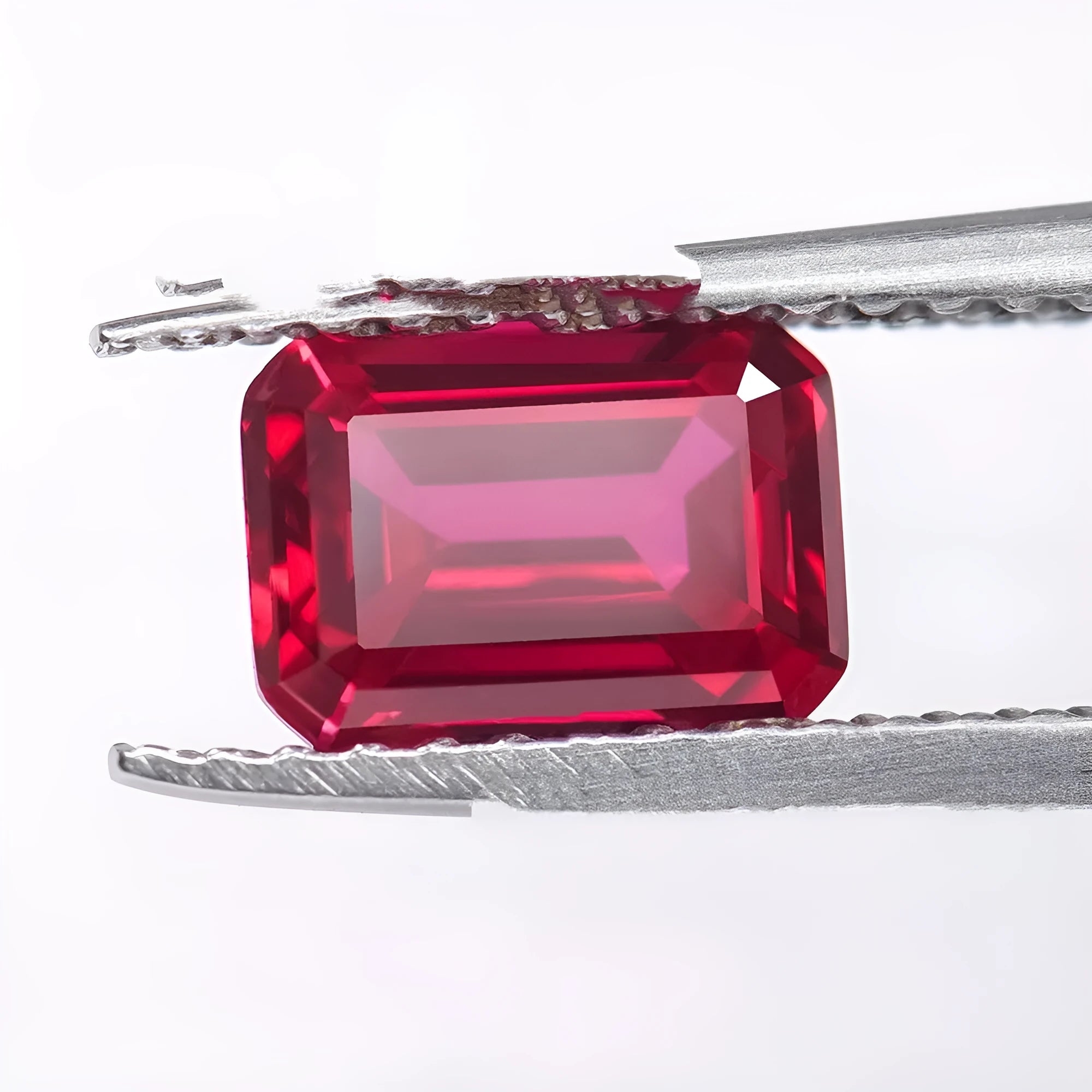 Cultivated ruby gemstone in various cuts including round, princess, oval and pear shapes on white background.