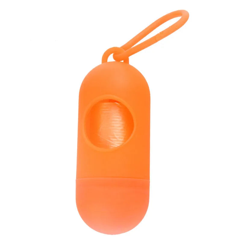 Small rectangular dog poop bag holder with a Velcro strap and metal hook, shown in a choice of colours.